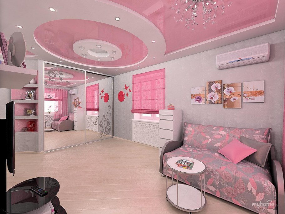 Розовый матовый потолок