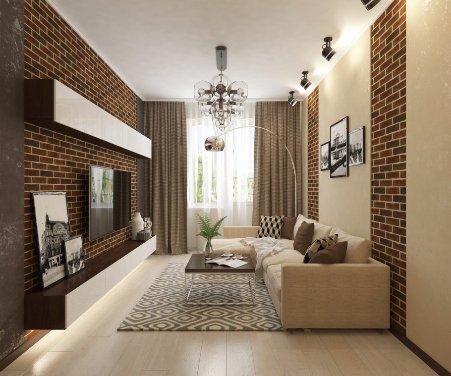 Кирпич на стене в интерьере