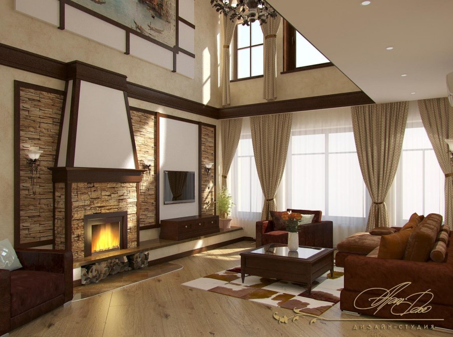 Камин в гостиной со вторым светом