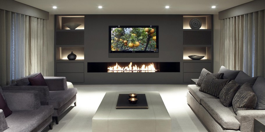 Стенка в гостиную с биокамином и телевизором