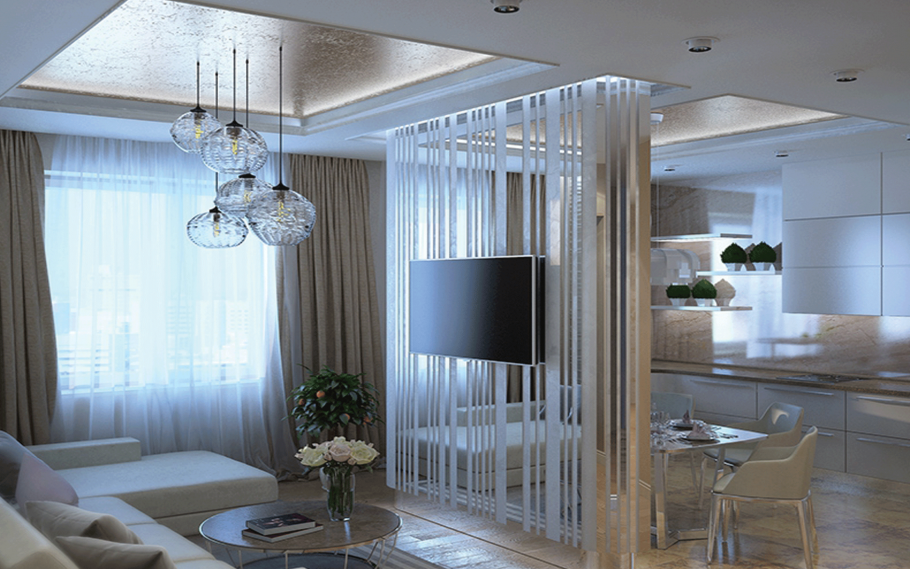 Стеклянная перегородка в гостиной для зонирования