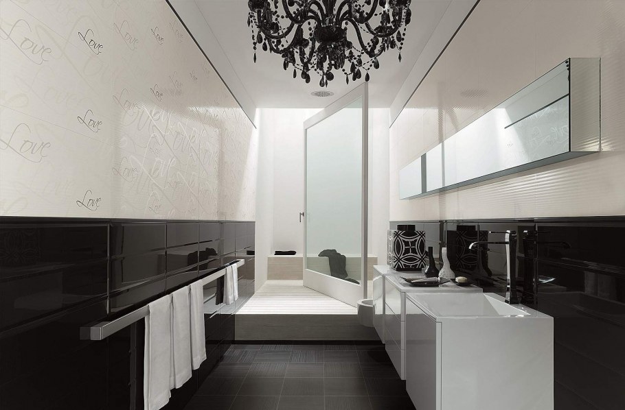 Черно белая ванная комната из керамогранита