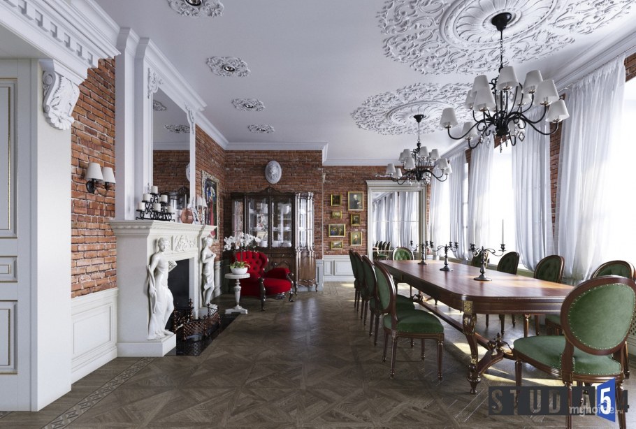 Кирпич и лепнина в интерьере