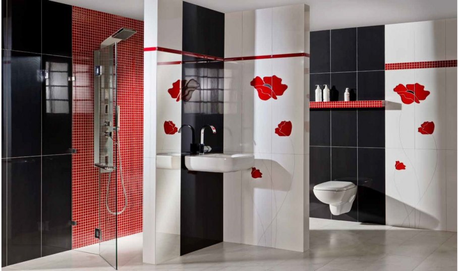 Черно красный кафель в ванной