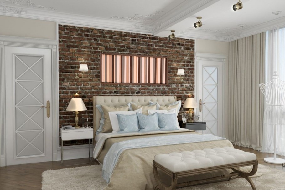 Красный кирпич в интерьере спальни