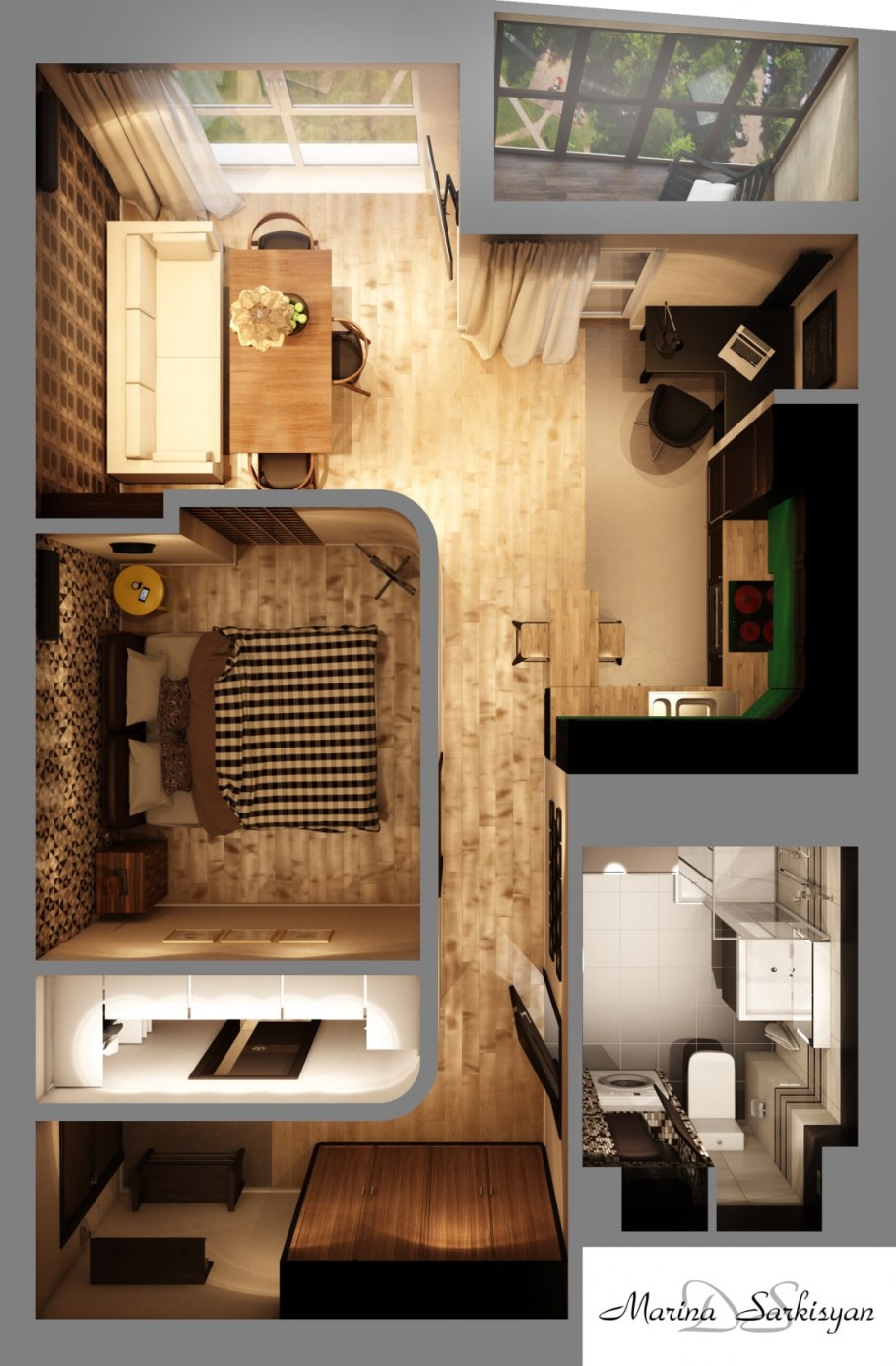 Трёхкомнатная квартира планировка 3d