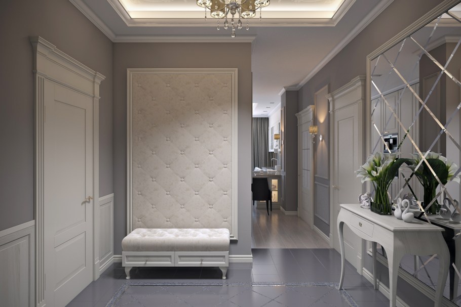 Прихожая в современном стиле с большим зеркалом