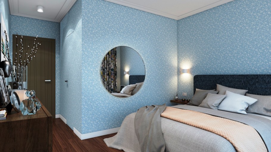 Спальня гостиная с серыми обоями