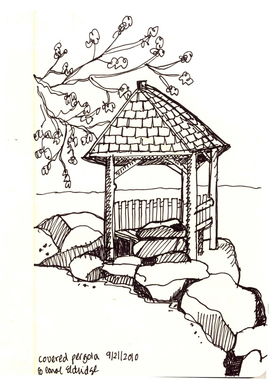 Пейзаж с беседкой в графике