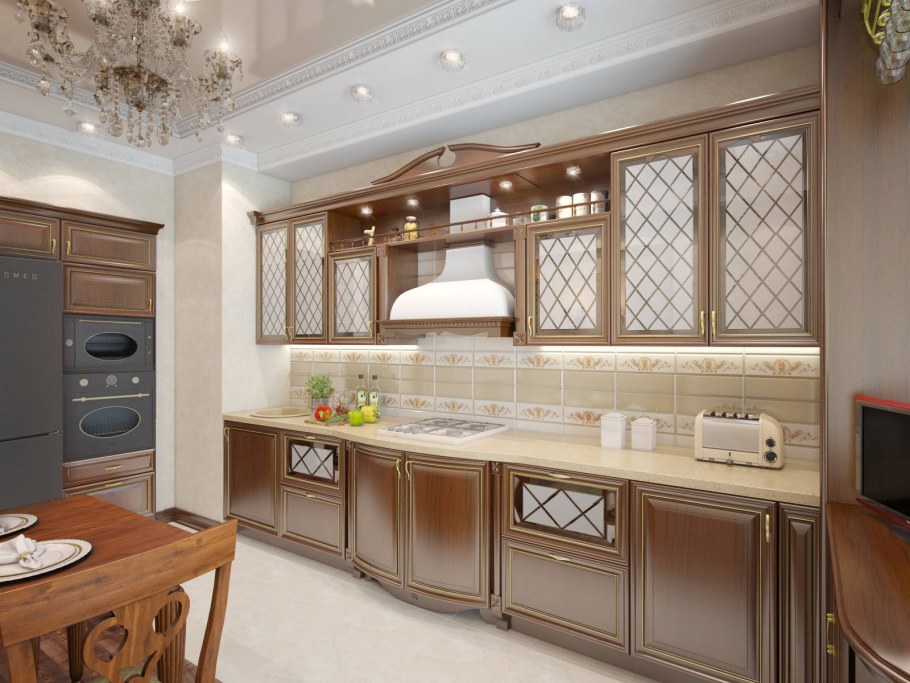 Кухня бежевая с золотом