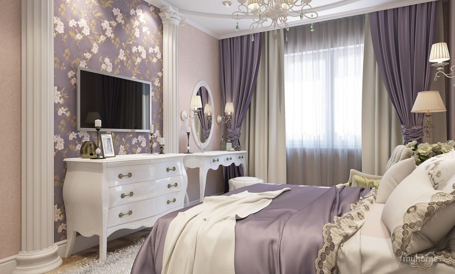 Спальня в сиренево бежевом цвете