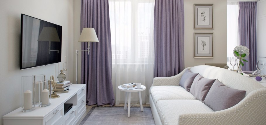 Сиреневые шторы в бежевом интерьере
