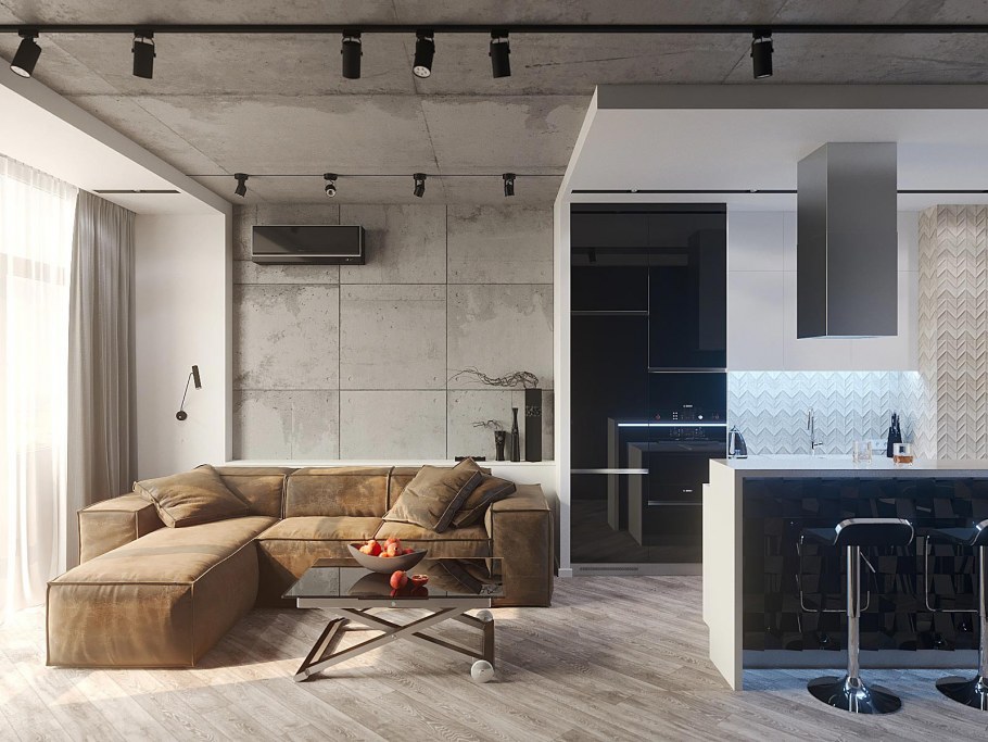 Кухня совмещенная с гостиной в стиле лофт