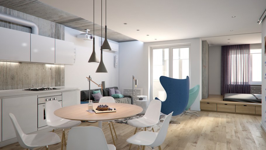 Квартиры студии в светлых тонах в стиле лофт