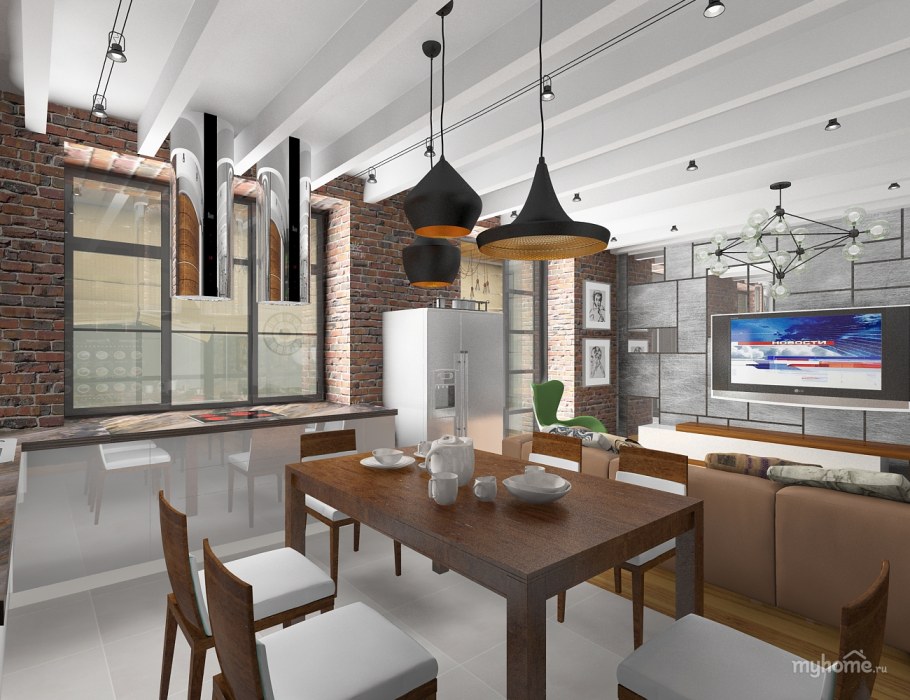 Открытая кухня лофт в кафе