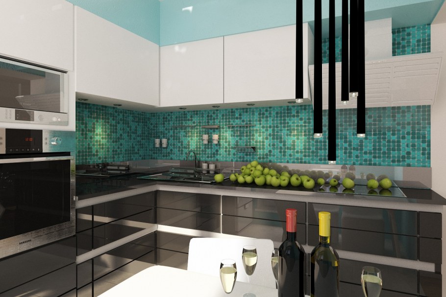 Бирюзовый фартук на кухне