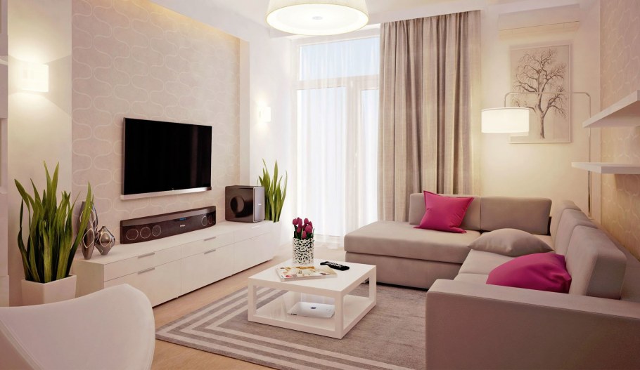 Интерьер маленькой комнаты с диваном и шкафом