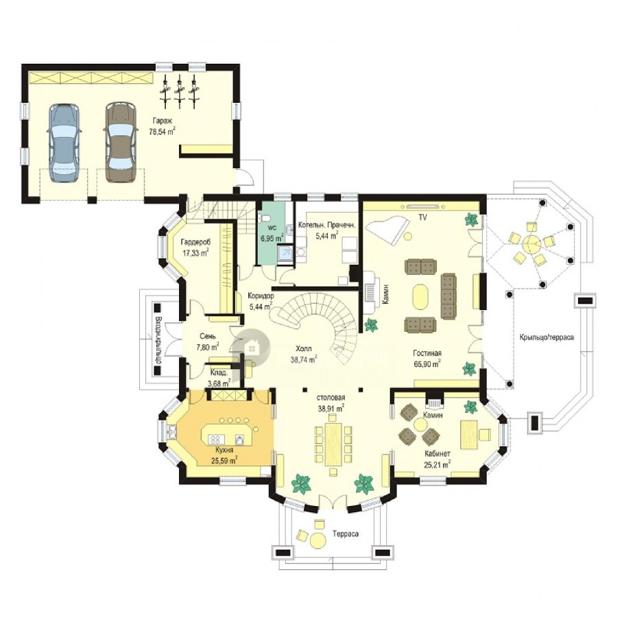 Планировка дома с камином 2 этажный
