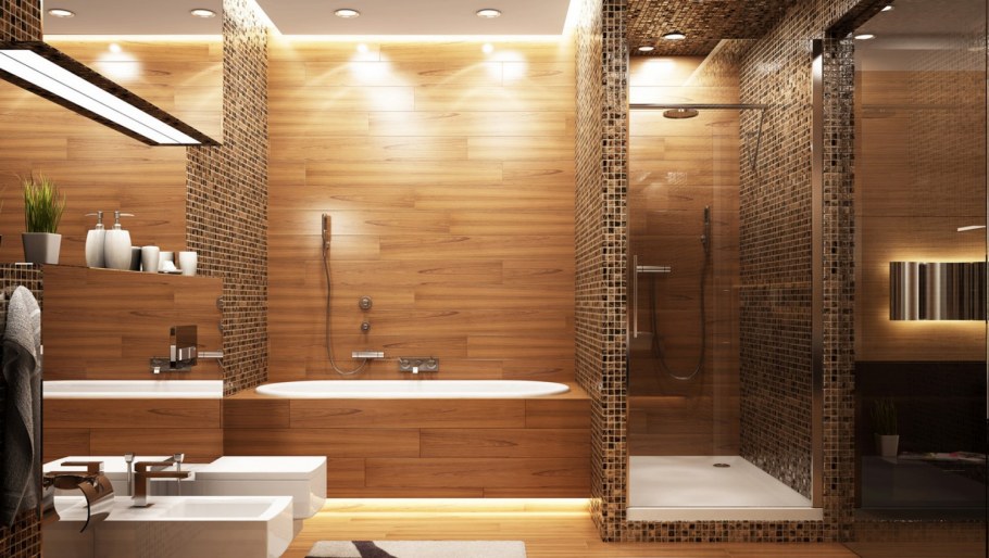 Ванная с отделкой под дерево