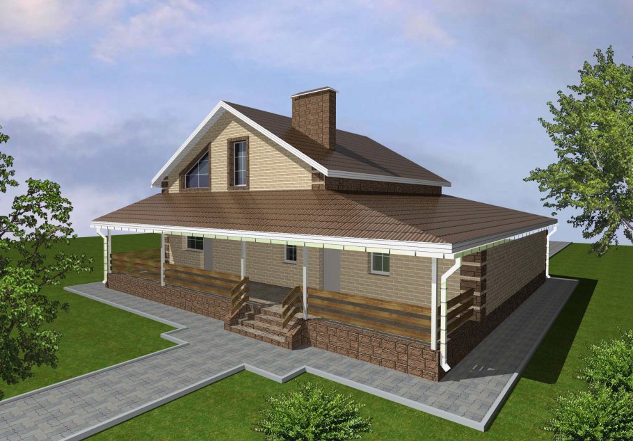 Дом мансардного типа с верандой