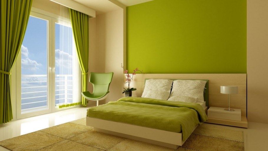 Спальня с зеленым ковром