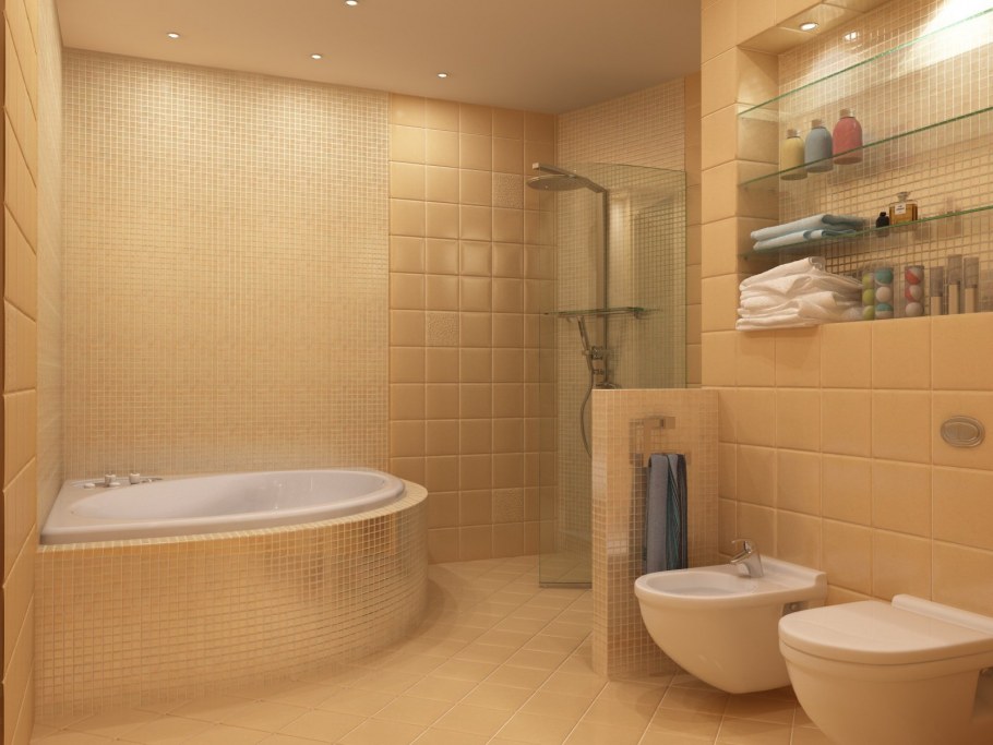 Ванная с душевой в бежевых тонах