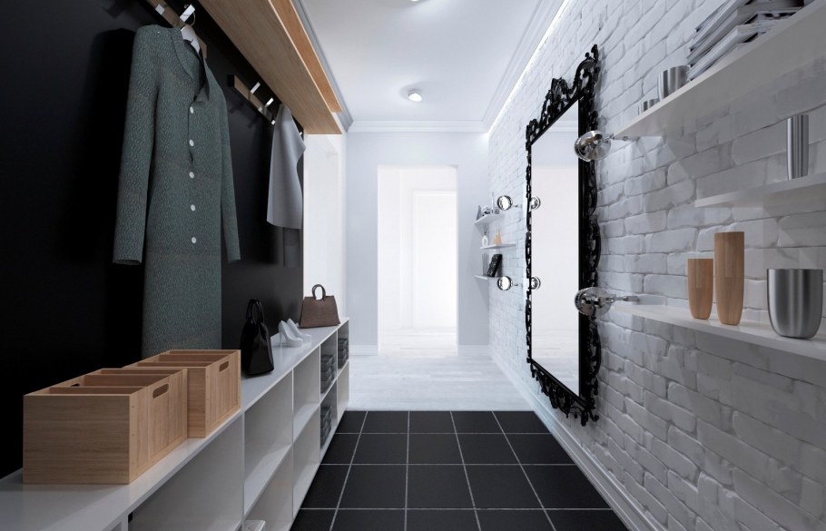 Узкая прихожая белый кирпич