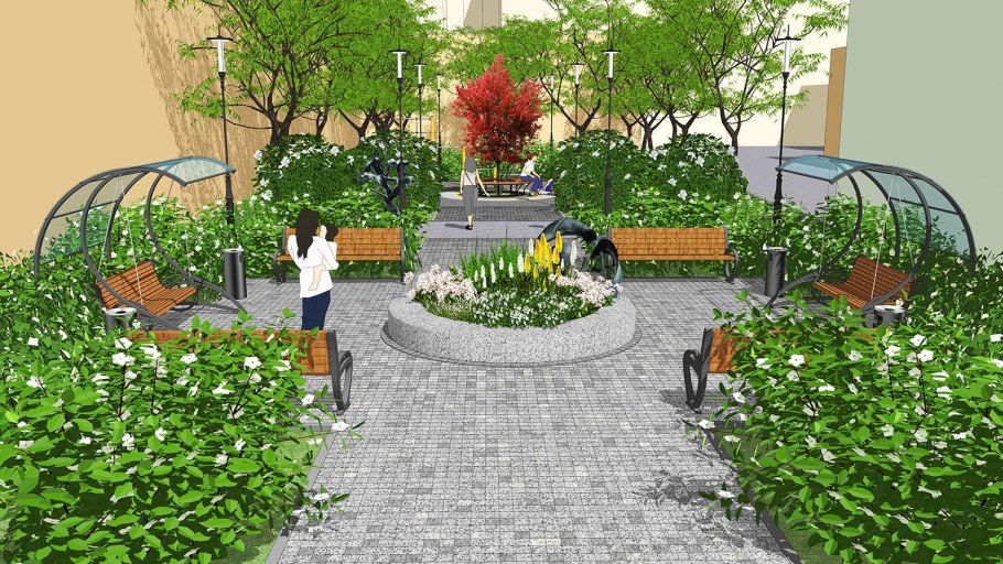 Благоустройство территории с фонтаном