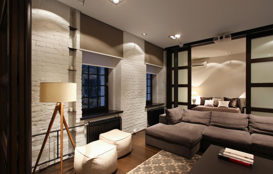 Натяжной потолок в стиле лофт гостиная