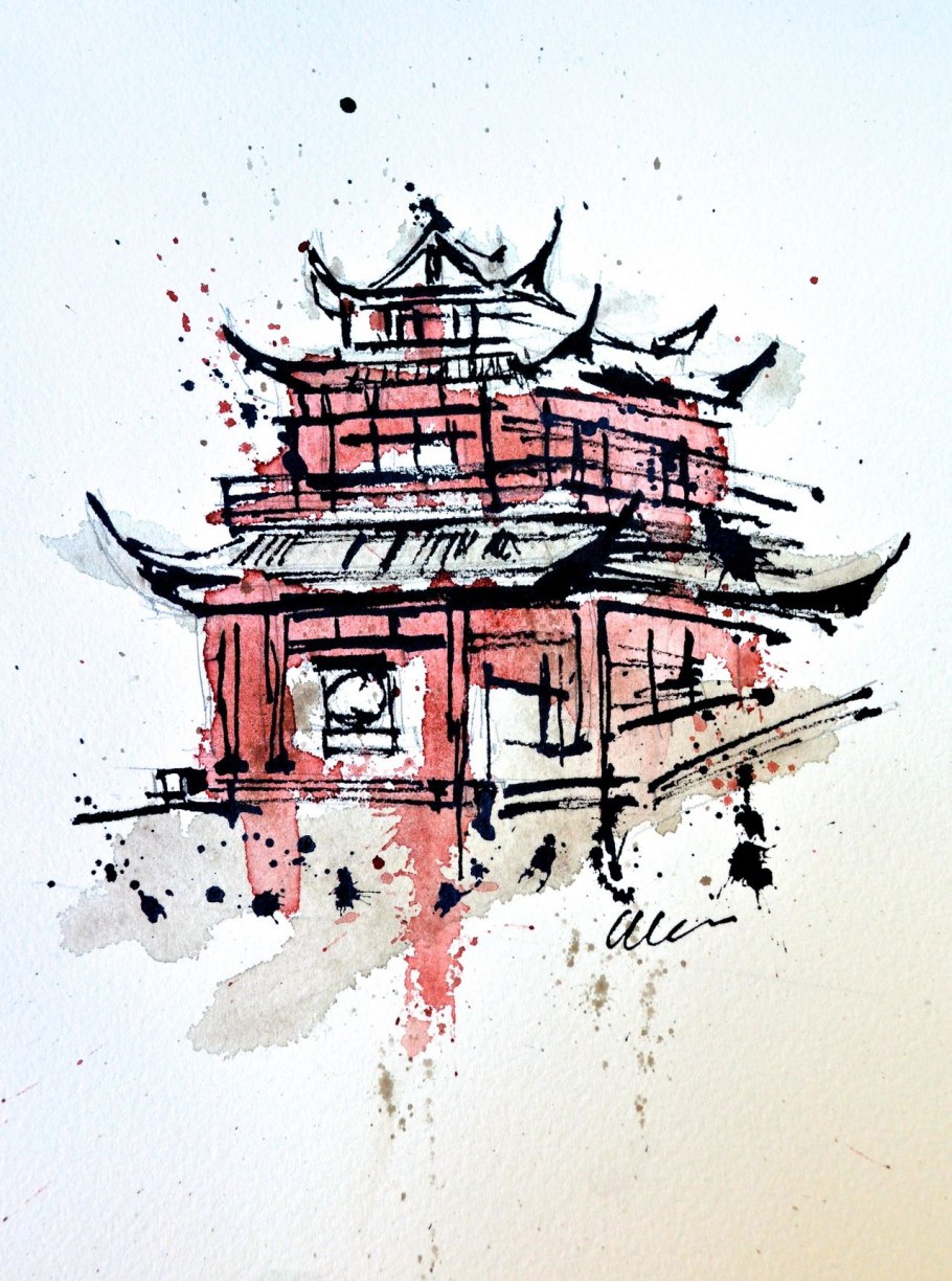 Китайский домик акварелью