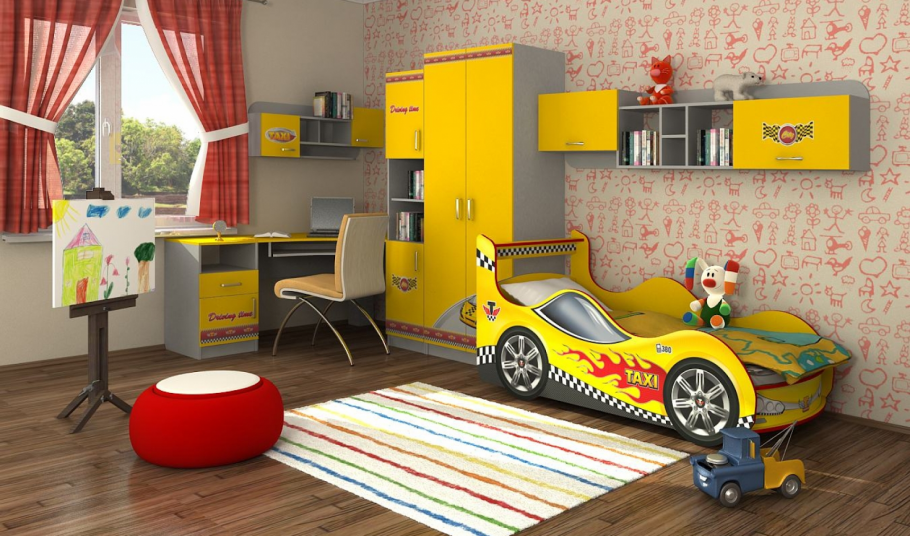 Детские комнаты для мальчишек с желтыми машинками