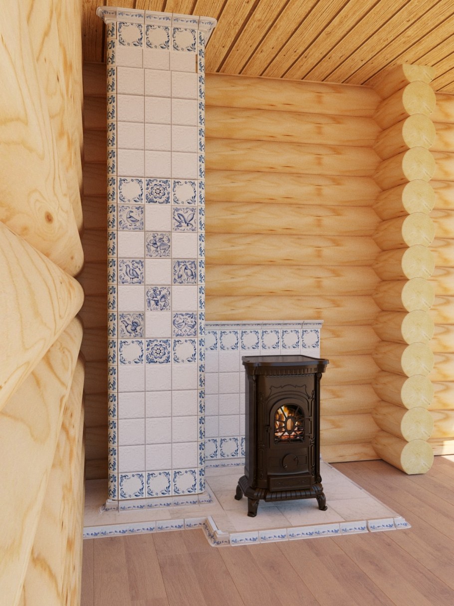 Плитка за камином в деревянном доме
