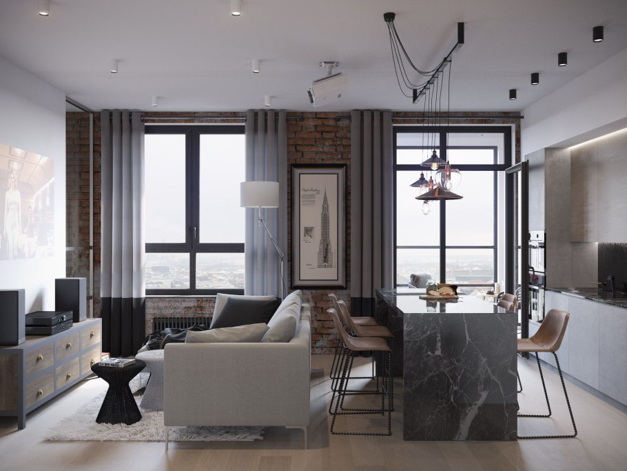 Гостиная с элементами лофта