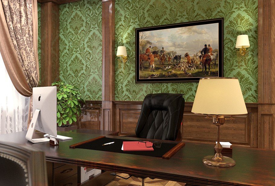 Зеленые обои для кабинета в классическом стиле