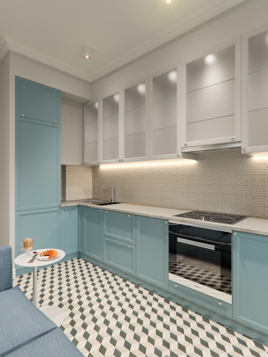 Белая кухня серо голубые стены