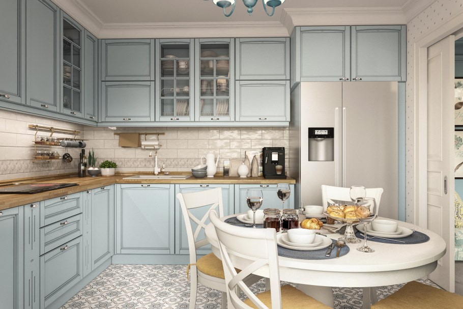 Кухня в серо голубых тонах в классическом стиле