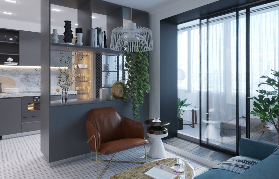 Кухня гостиная со стеклянной перегородкой