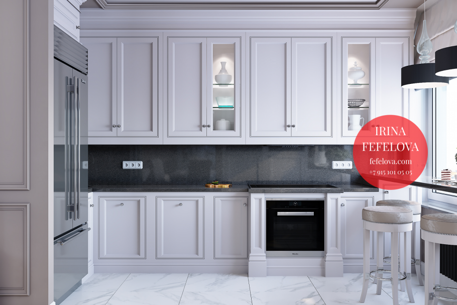 Белый кухонный гарнитур с фрезеровкой современный