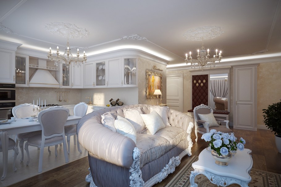 Гостиная в стиле классика в светлых тонах