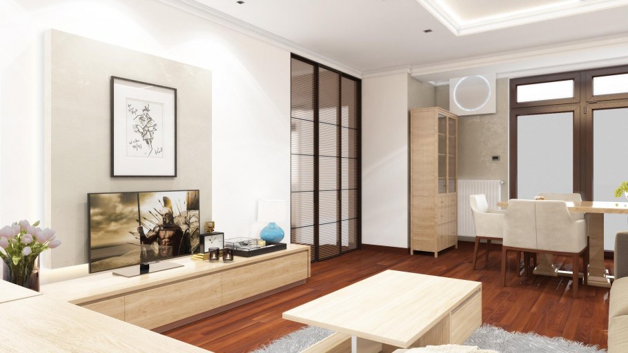 Современный светлый интерьер гостиной