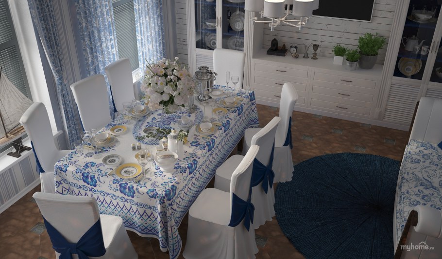 Кухня в стиле Гжель в малогабаритной кухне