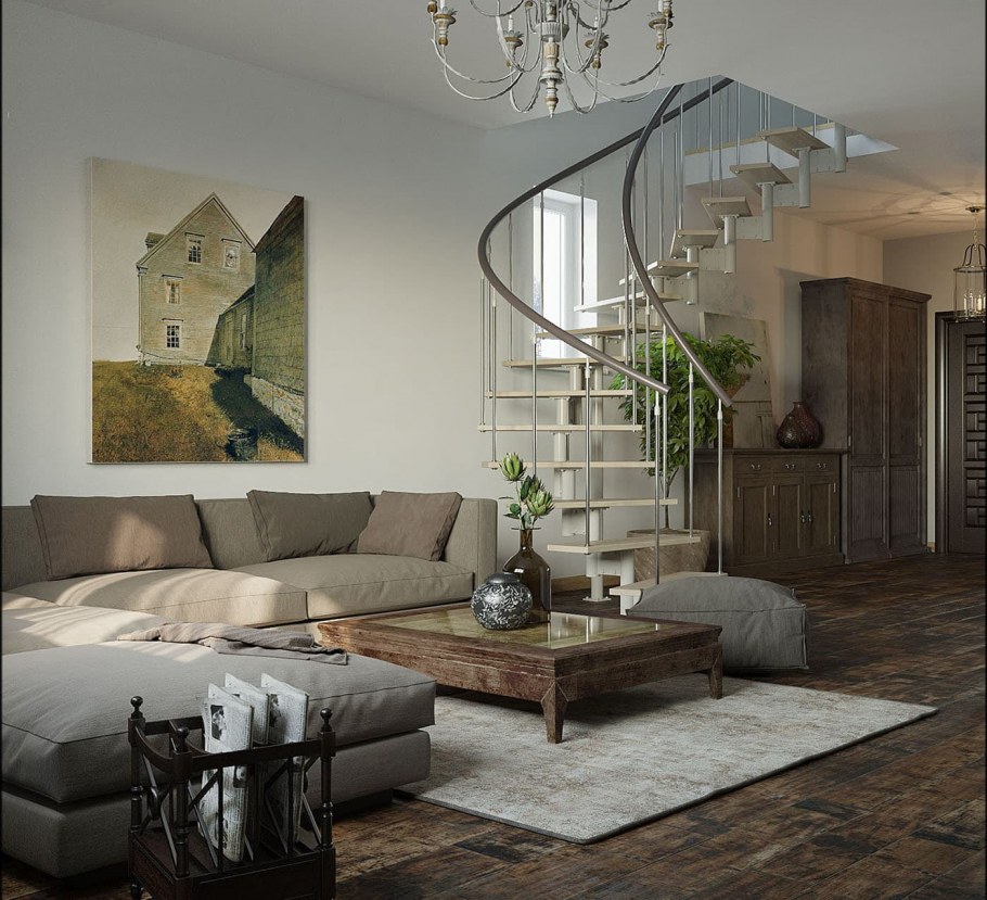 Лестница в гостиной в скандинавском стиле