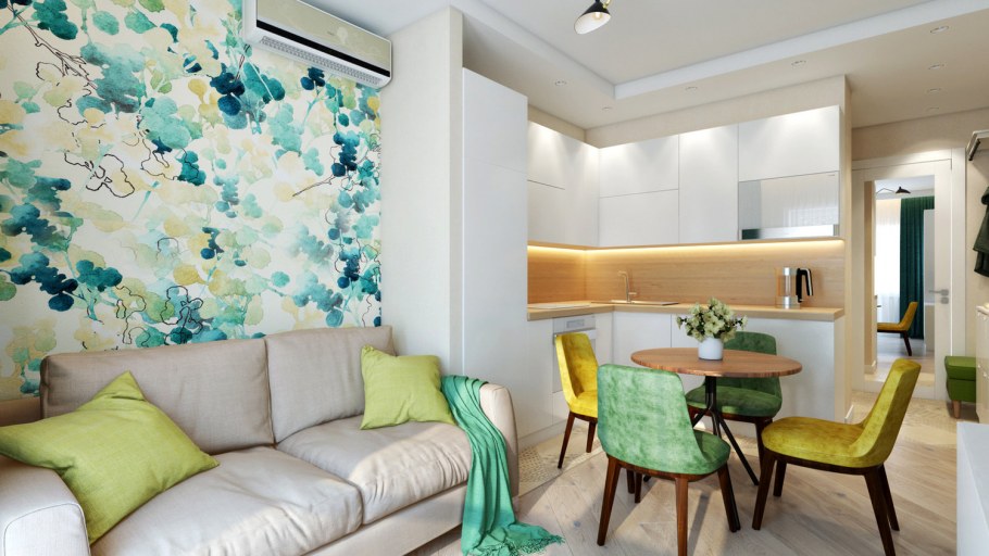 Кухня-гостиная с акцентной стеной