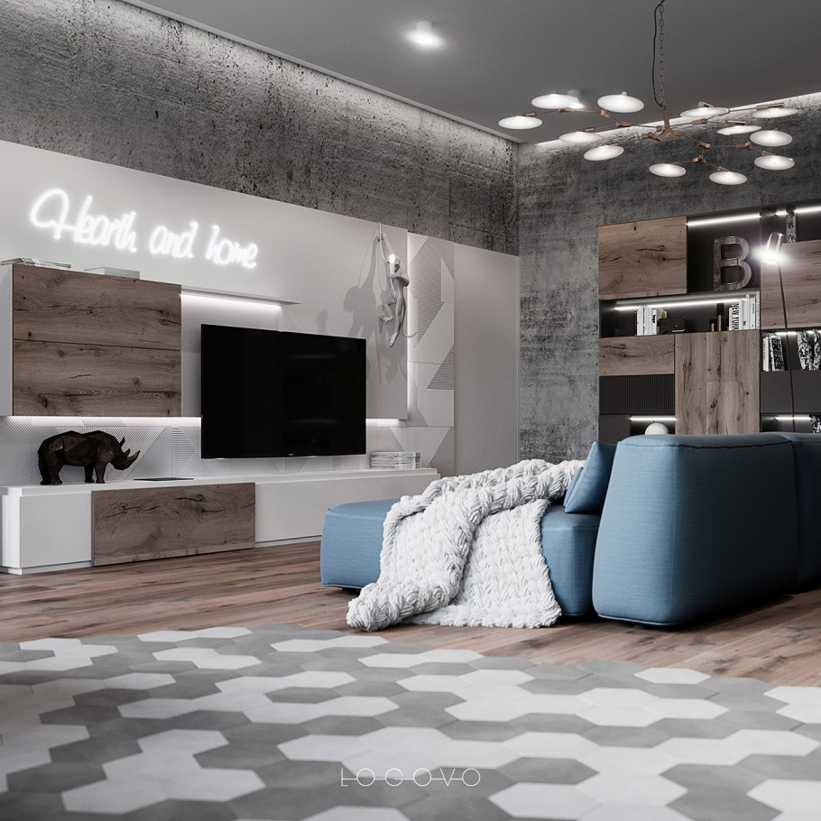 Гостиная лофт бетон