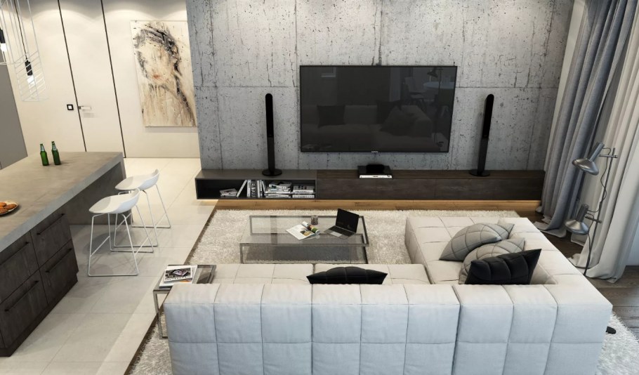 Интерьер современной гостиной с бетоном