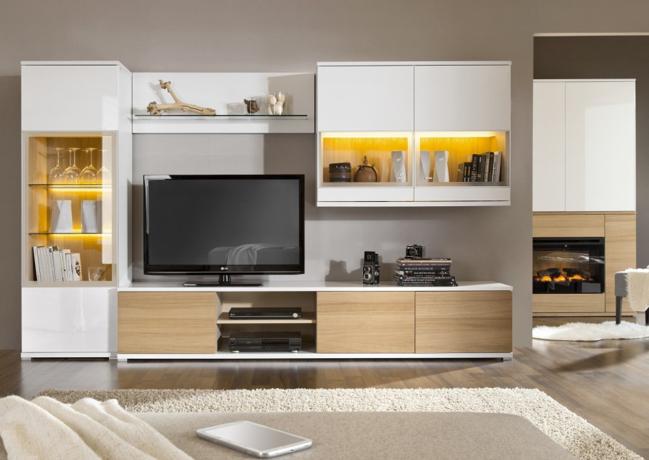 Стенка в гостиную белая с деревом