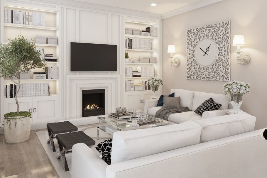 Белый камин в гостиной