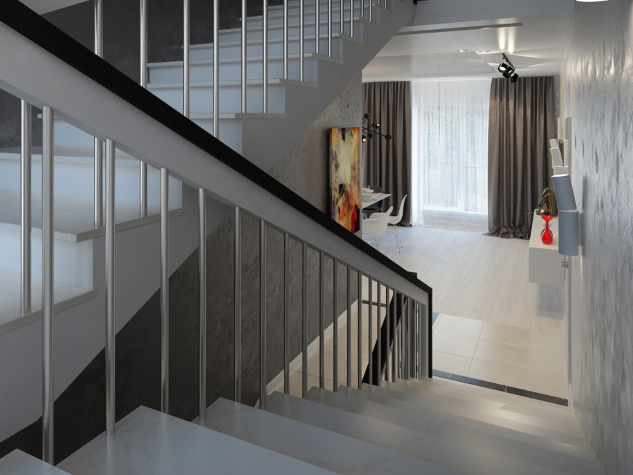 Столовая с лестницей в современном стиле