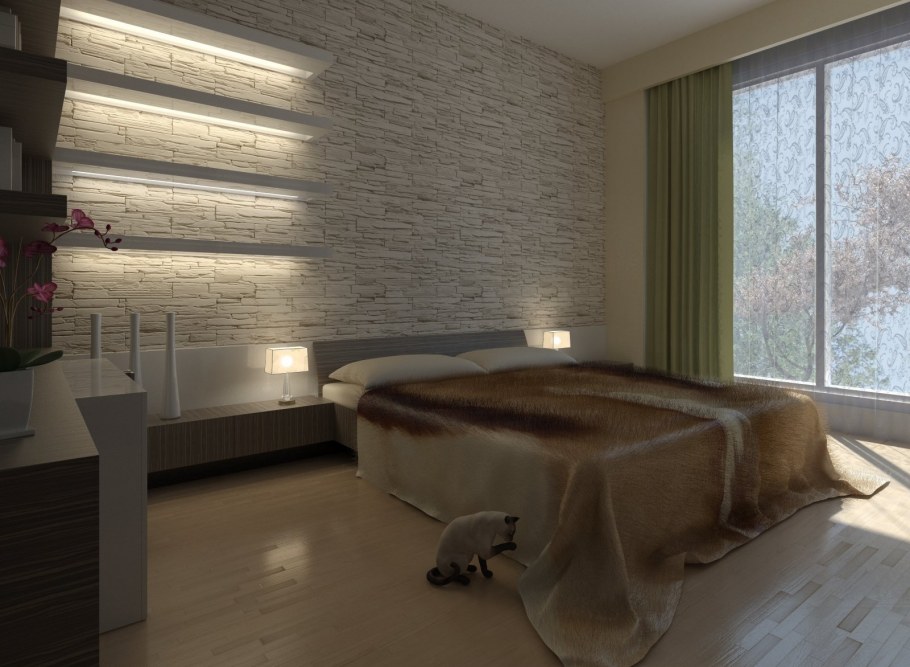 Искусственный камень в интерьере спальни