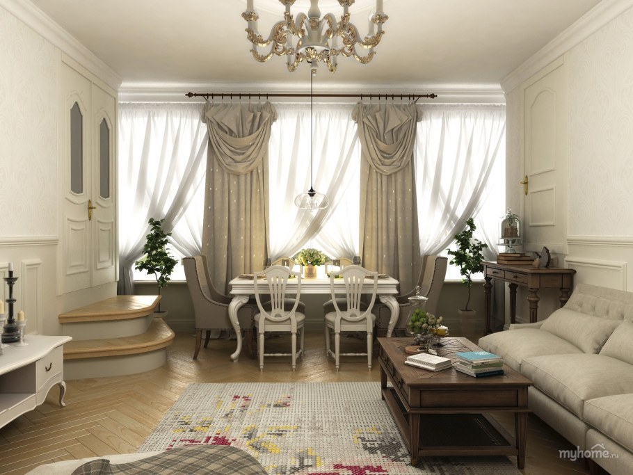 Интерьер в стиле Ампир кухня гостиная светлая